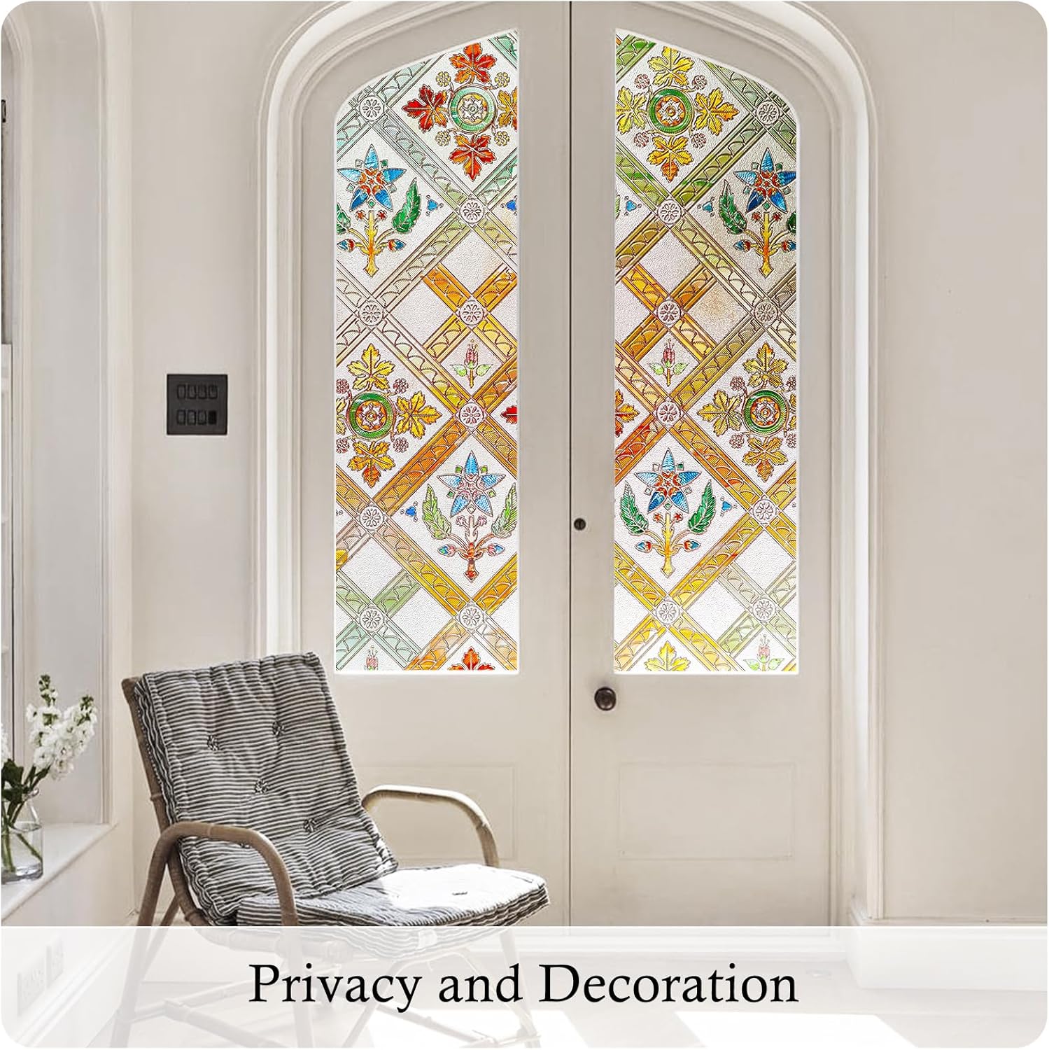 Coavas Stained Glass Window Film Decorative Privacy Cling for Home Bathroom & Front Door, 3D Floral Design, UV Blocking, Heat Control, Non-Adhesive, Reusable, Yellow, 23.6" x 35.4"