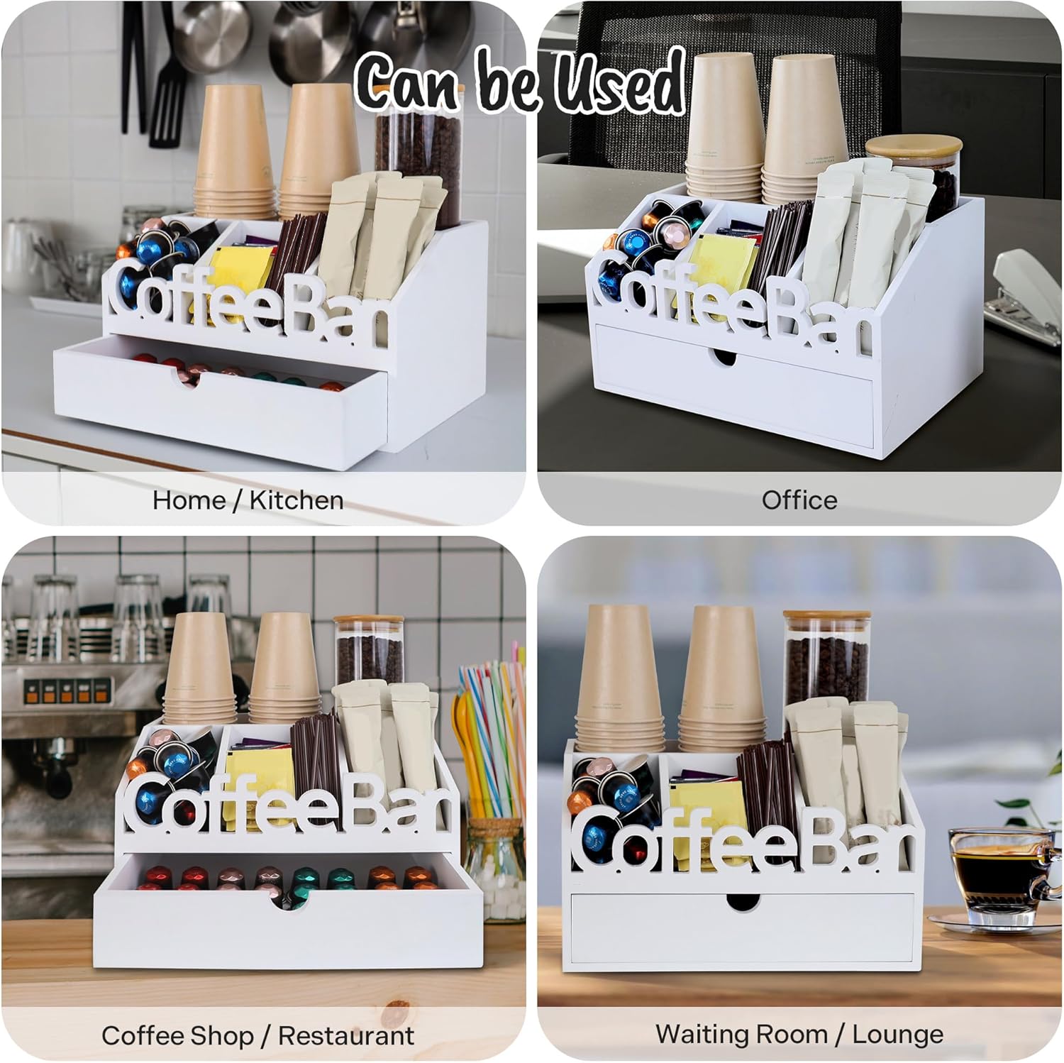 Coffee Bar Organizer for Countertop – Wooden Coffee Station with Drawer, Tea and K Cup Storage Condiment Rack, Coffee Pod Holder for Home and Office Organization (Drawer - White)