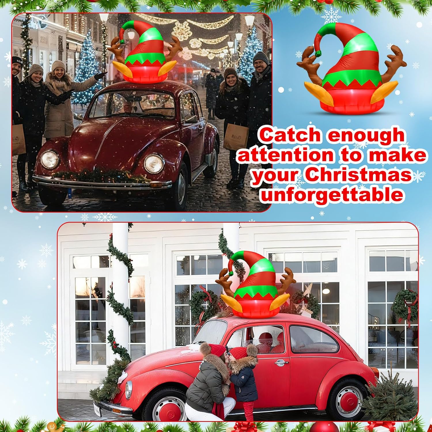 Soulchen 4 ft Inflatable Christmas Car Decoration Elf Car Roof Outdoor Decoration Christmas Blow up Elf Hat Yard Decor with Built-in LEDs for Xmas Holiday The Top of Truck Decor
