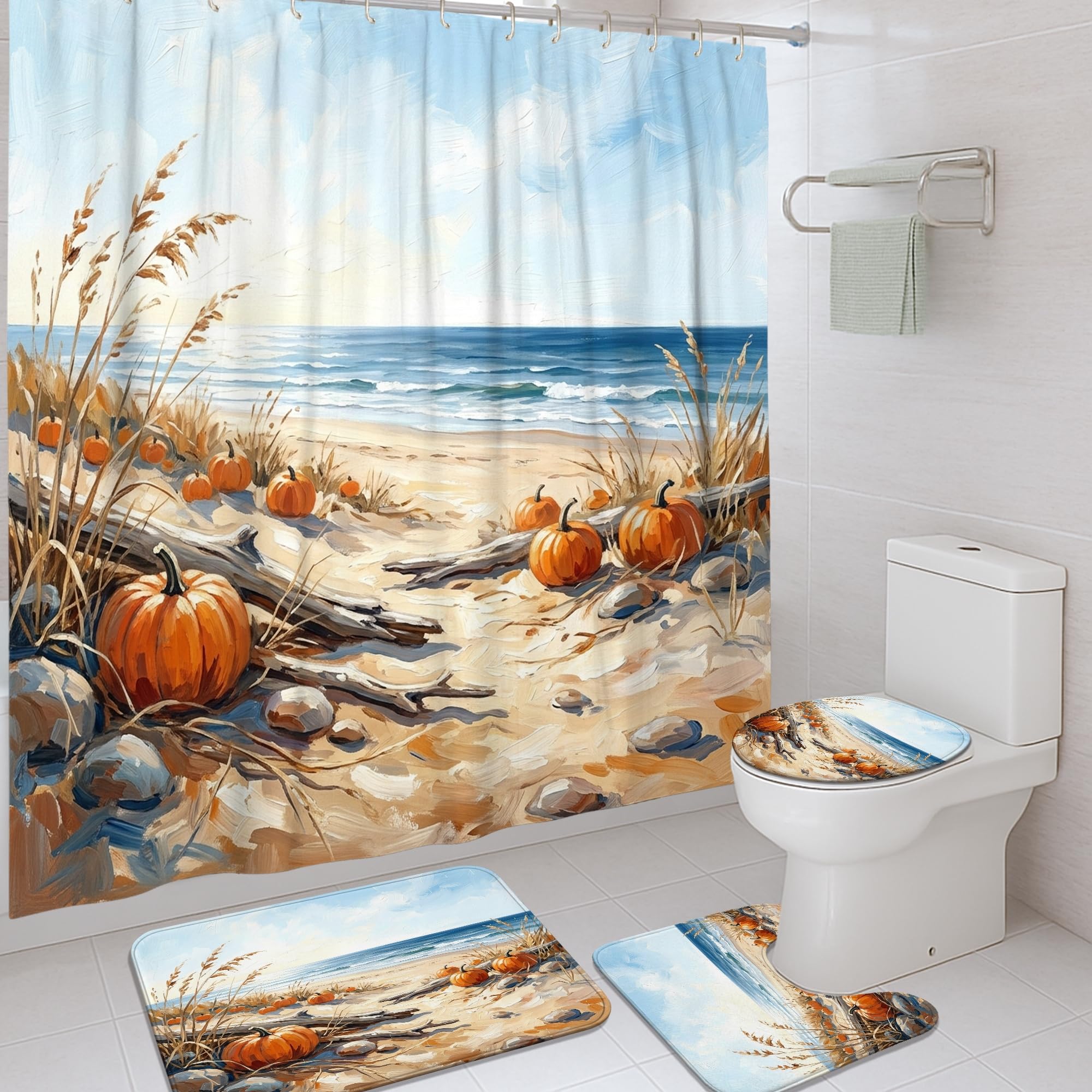 Rideau de douche citrouilles orange 183x183 avec tapis de bain tissu imperméable