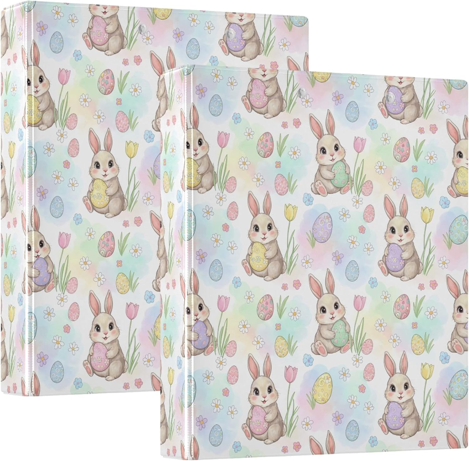 Easter Bunny and Egg 3 Ring Binders, 1.5” Round Ring Binders with Clipboard - Letter Size, 3 Interior PVC Clear Pockets & Anti-Slip Clip for Office School Supplies, 2PCS