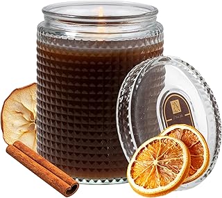 Cinnamon Cider Textured Glass Candle with Lid – Fall Scented Candle with Apple, Cinnamon & Citrus – Hand Poured, Long Burn – Cruelty-Free, USA Made – 15 oz