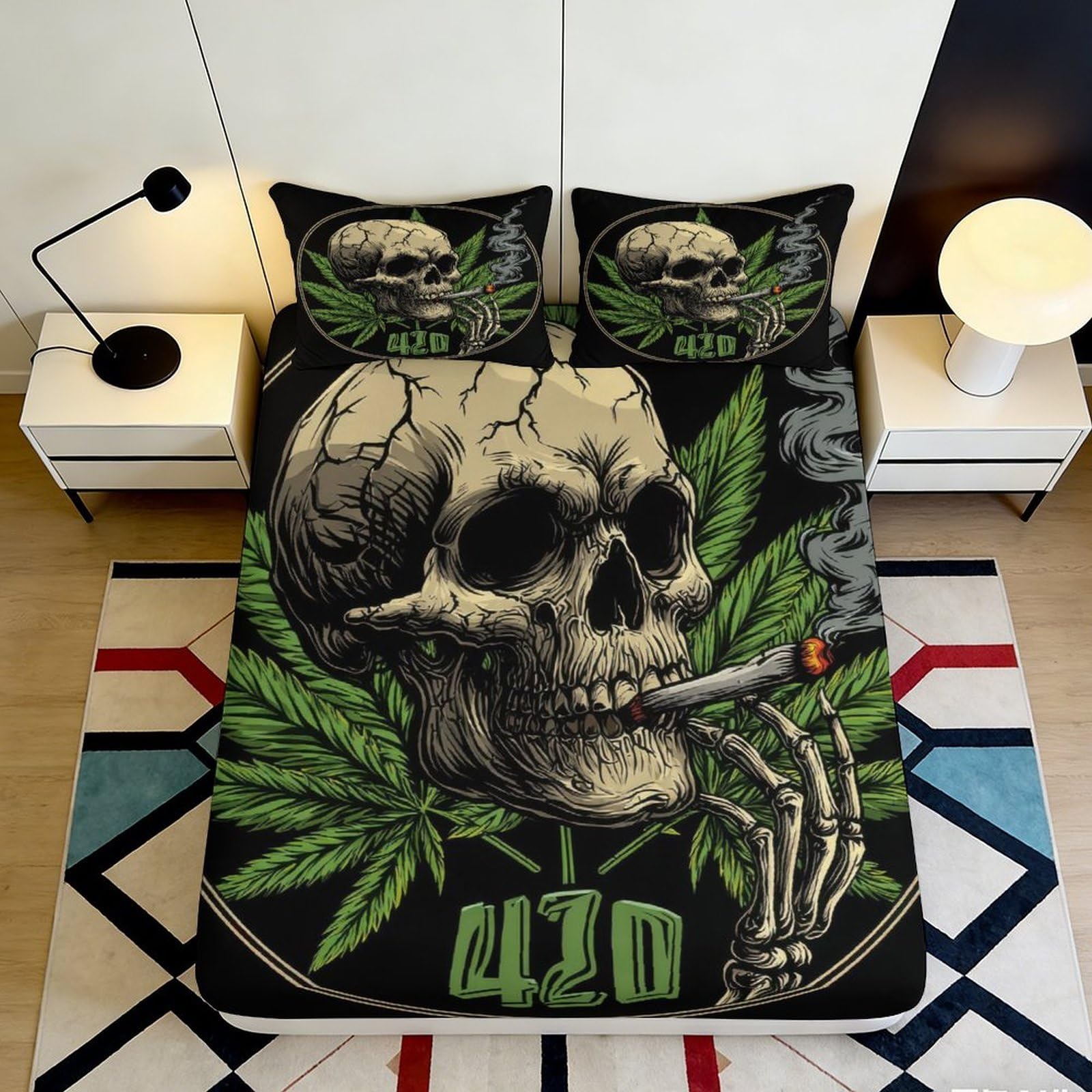 3D Printed Skull Smoking Fitted Sheet Microfiber Soft Black Green Leaf Bed Cover for Bedroom Guest Room Decor 90x200x25cm