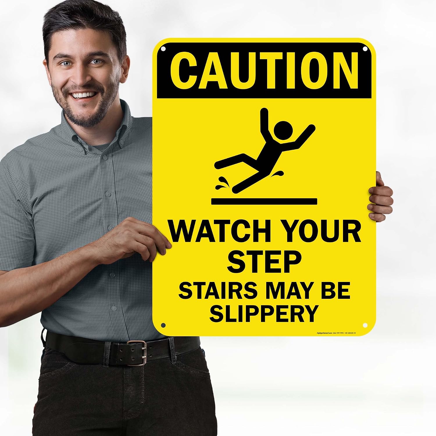 Caution Watch Your Step Stairs May Be Slippery Sign, 18x24 Inches, 55 mil thick HDPS (high density polystyrene), Made in USA by My Sign Center