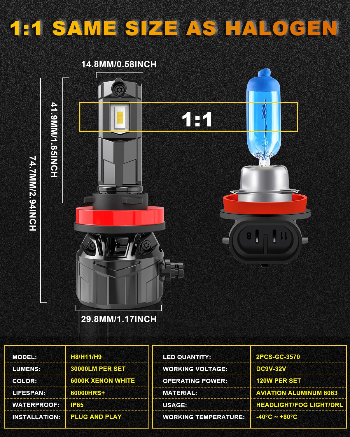 H11 Żarówki LED 120W 30000LM, KATUR 700% Jasności H8 H9 H11 6000K Biały Ksenon Plug and Play Żarówka LED Mini rozmiar 1:1 Żarówki Samochodowe LED H11, Zestaw 2 szt
