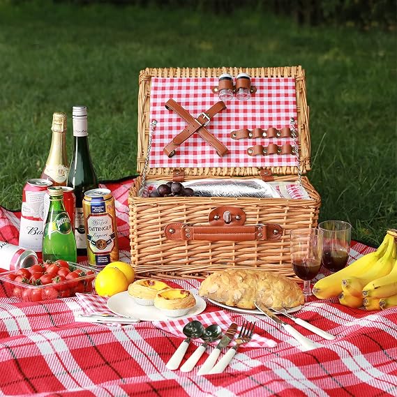 Wicker Picnic Basket for 2, Insulated Picnic Basket - Red Check