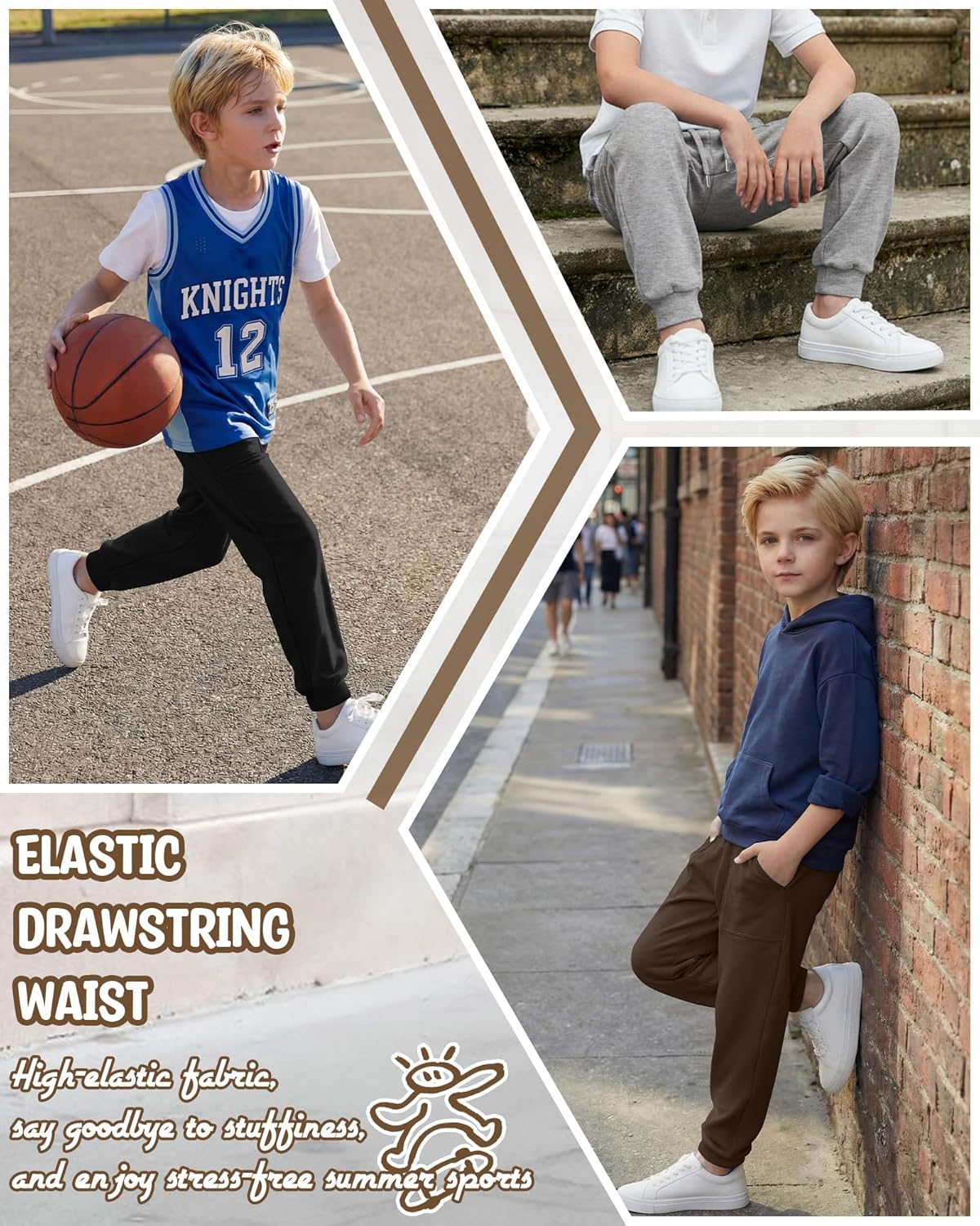 3 Pack Boy's Joggers Kids Sweatpants Elastic Waist Teens Athletic Youth Pants with Pockets Interior Drawstring