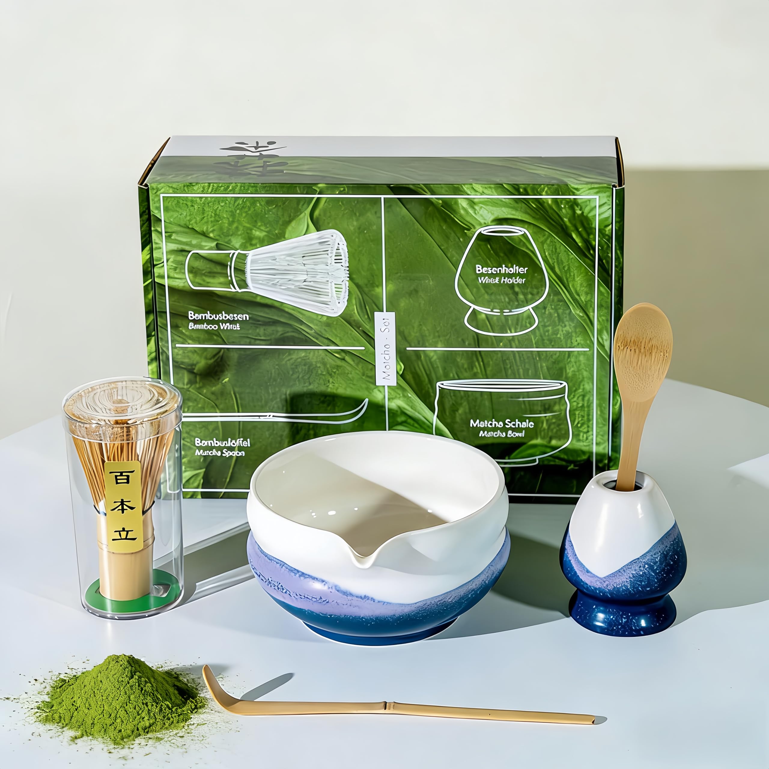 Dmnnlp 5pcs Matcha Whisk Set, Matcha Tea Set with Whisk and Bowl, Ceramic Whisk Holder, Scoop, Matcha Making Kit for Traditional Japanese Tea Ceremony (White Blue)
