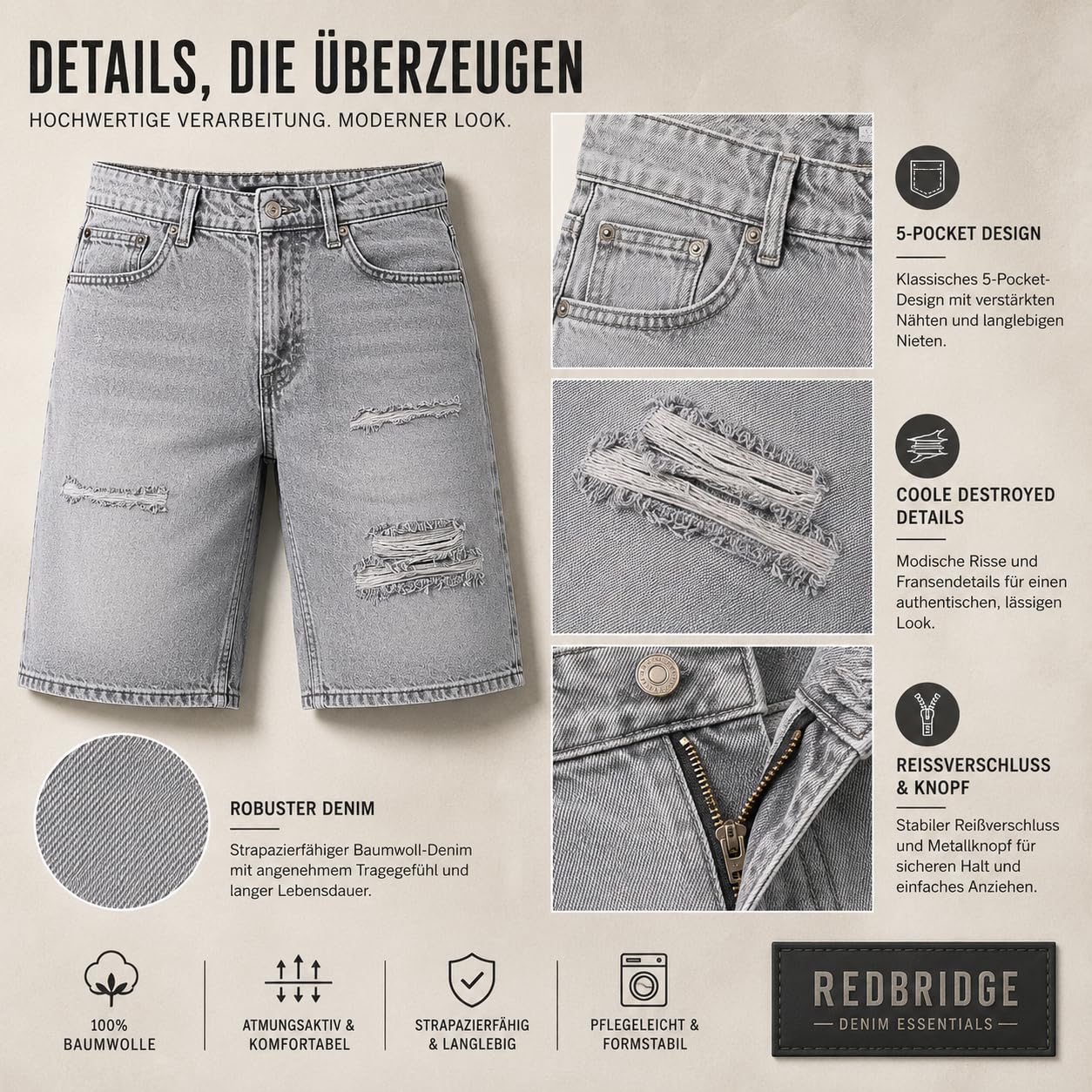 Redbridge by Spruce – Pantalones vaqueros cortos – Bermudas vaqueras con aspecto desgastado con detalles destrozados – Cómodos pantalones de verano de 5 bolsillos de algodón para ocio y ropa de calle