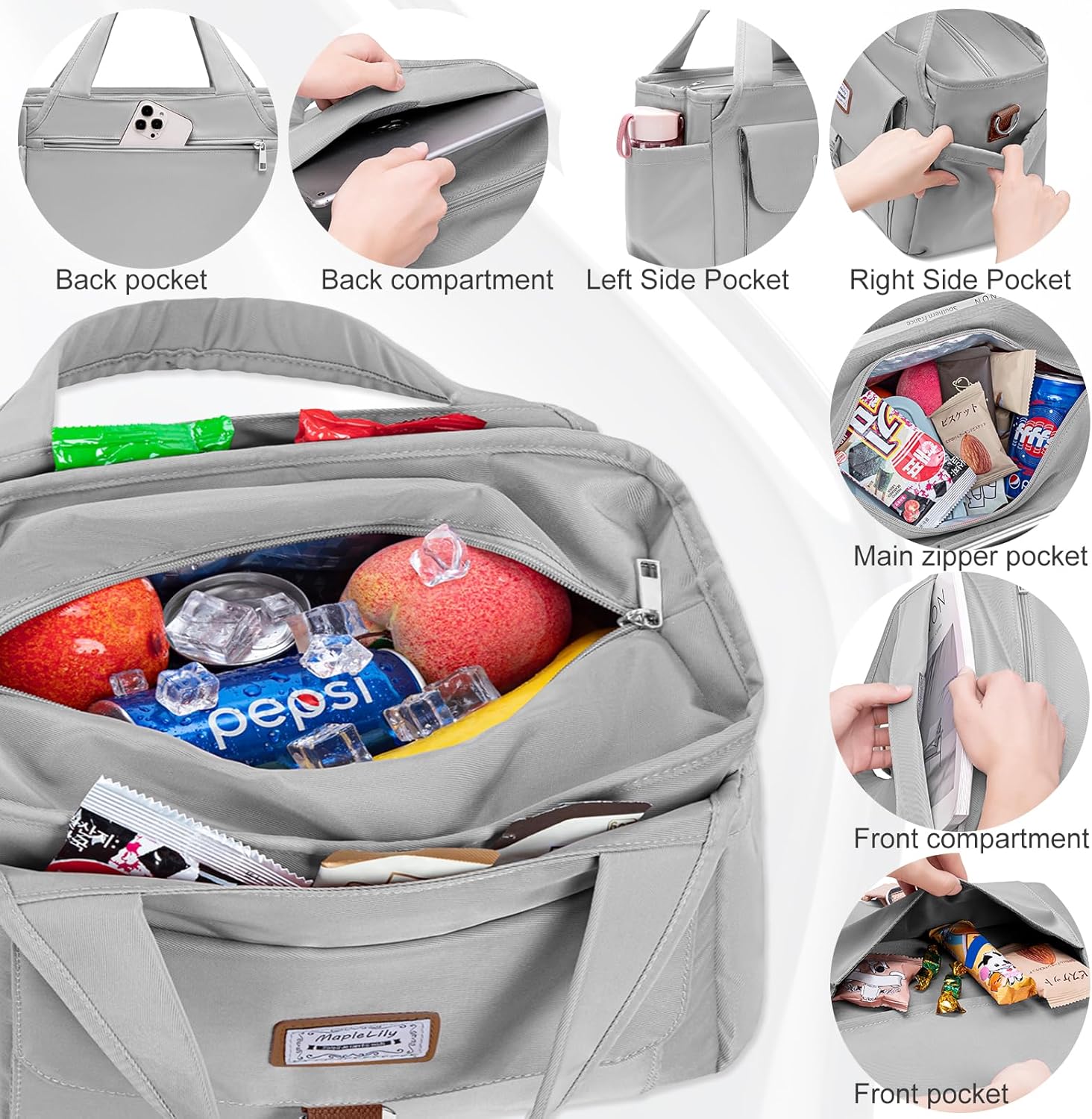 MAPLELILY Lunch Bag for Men Women, Insulated Lunch Tote Bag for Work, Lunch Box Women, Large Leak Proof Cooler Bags, With Shoulder Strap Adult Lunchbag, For Picnic Beach Hiking, Grey