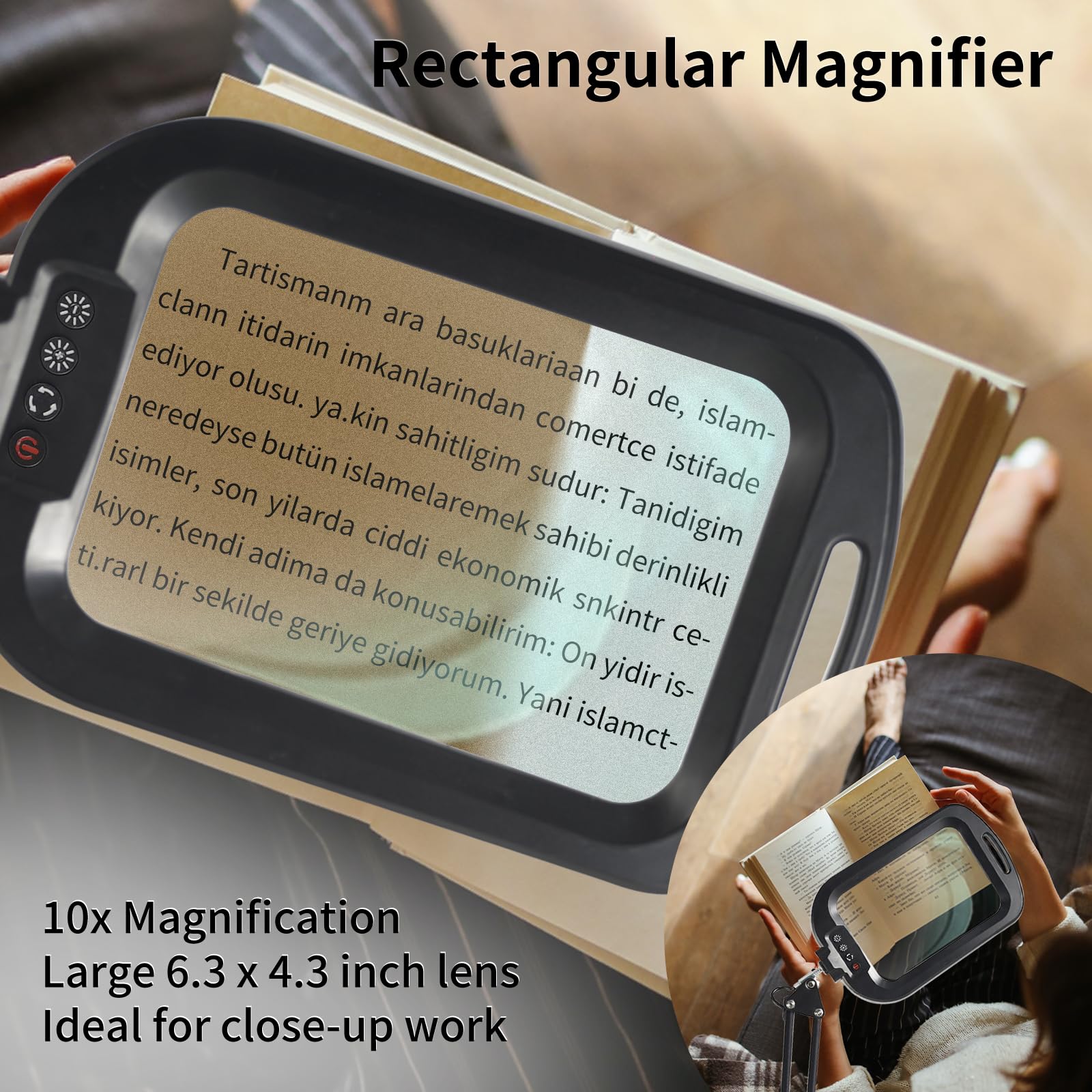 GABORISH 10 lupas de mesa con luz y soporte, lámpara de lupa rectangular con 60 LED, 5 modos de color y regulable, sin manos, lupa de pie con luz, 2 en 1, lámpara con lupa con abrazadera y base para