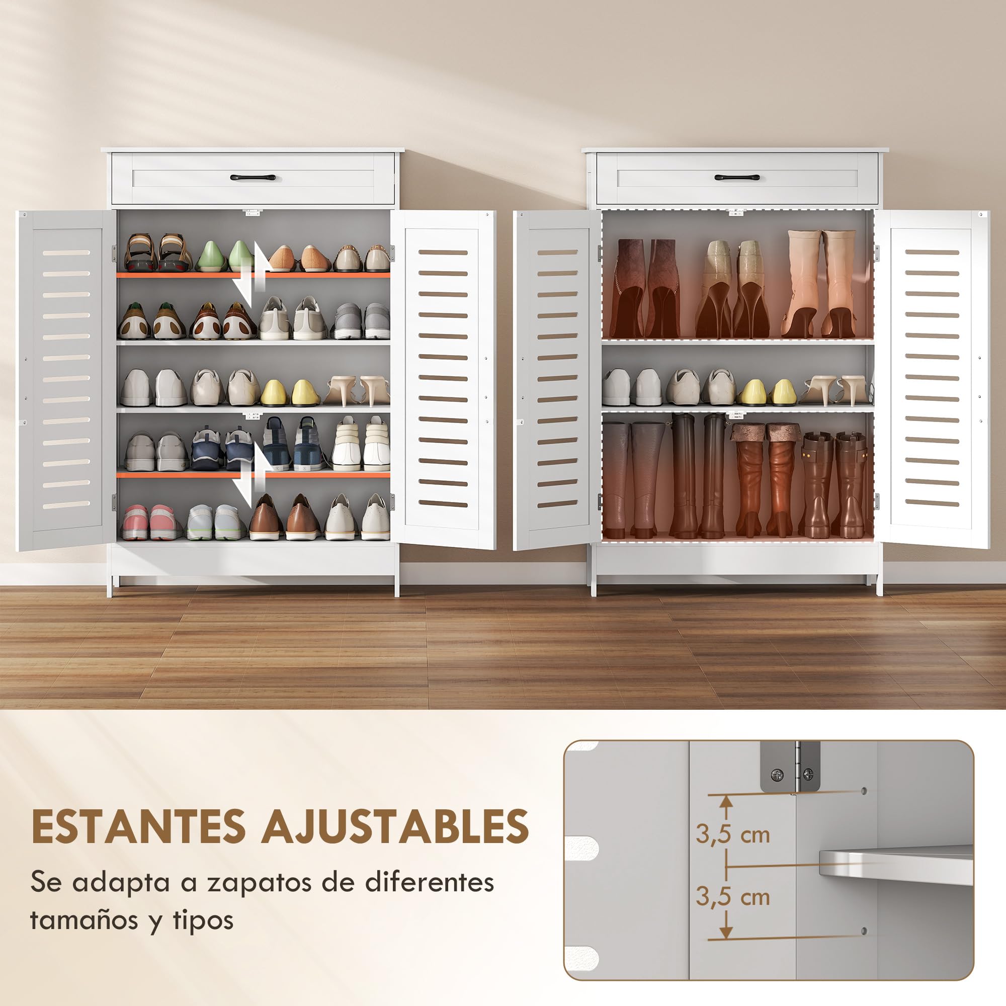 HOMCOM Mueble Zapatero de 5 Niveles con Cajón 78x37x115,8 cm Blanco | Armario para Zapatos, Puertas de Rejilla, Estantes Ajustables, para 20 Pares de Zapatos, para Pasillo Recibidor