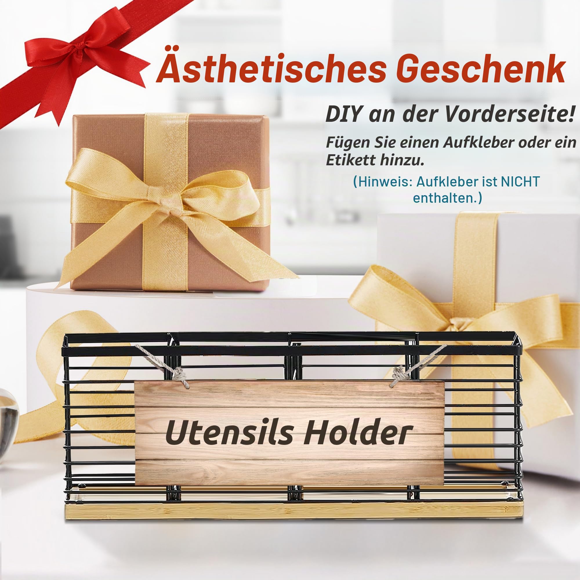 Suli Extra großer Küchenutensilienhalter mit 4 Fächern, mattschwarzer Metallhalter mit Holzsockel für Küchenarbeitsplatte, Bauernhaus-Kochutensilienaufbewahrung, rustikale Kochutensilien