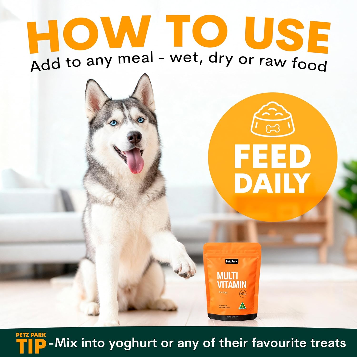 Multivitamin for Dogs Australian Made - Glucosamine Turmeric for Joint Support with Probiotics for Gut & Immune Health – Omega 3 Fish Oil with Antioxidants and Vitamins - 90g Powder 45 Scoops