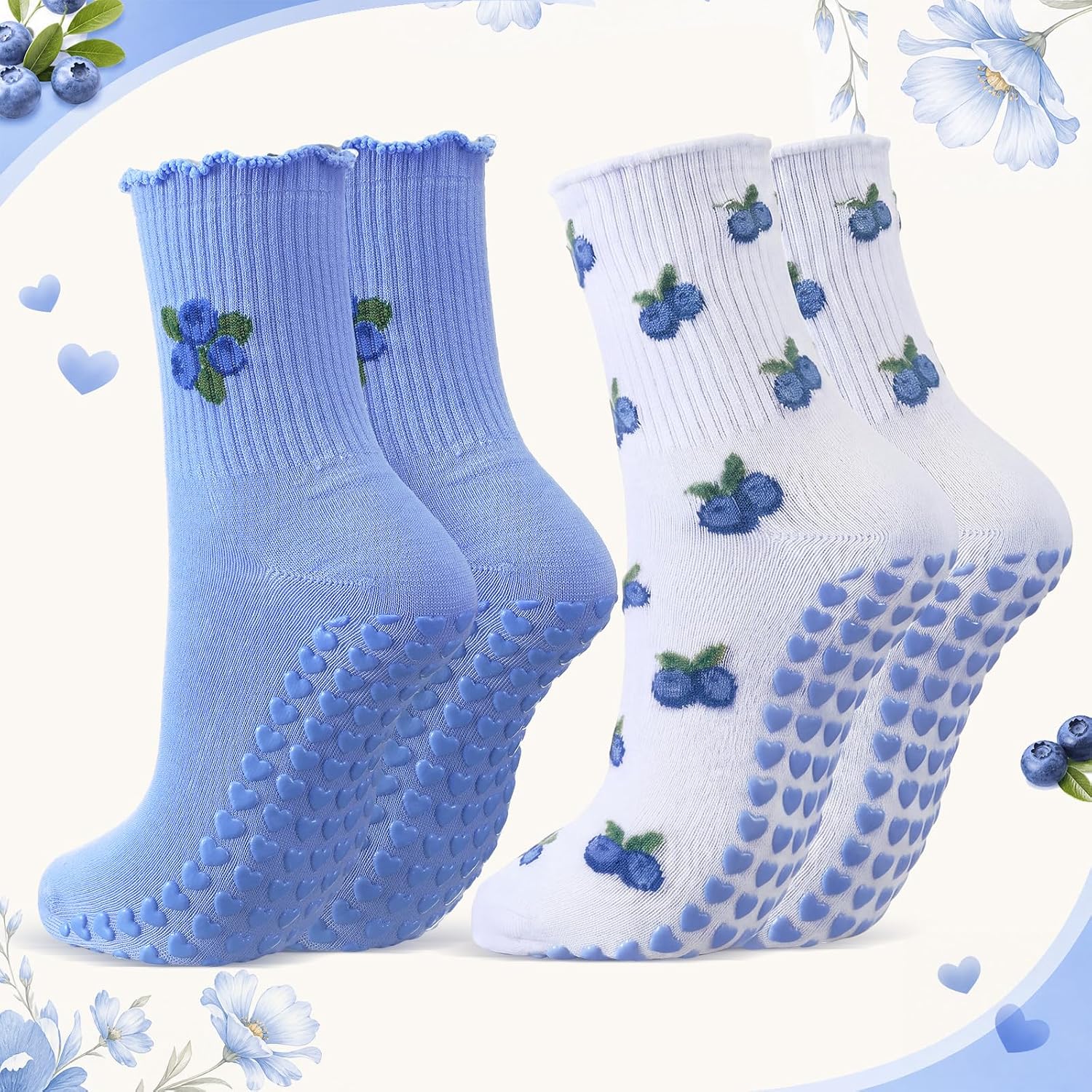 Cuffbow 2 Pairs Cute Pilates Socks with Heart Grips for Women Ruffle Non-slip Grippy Crew Sock for Yoga Barre