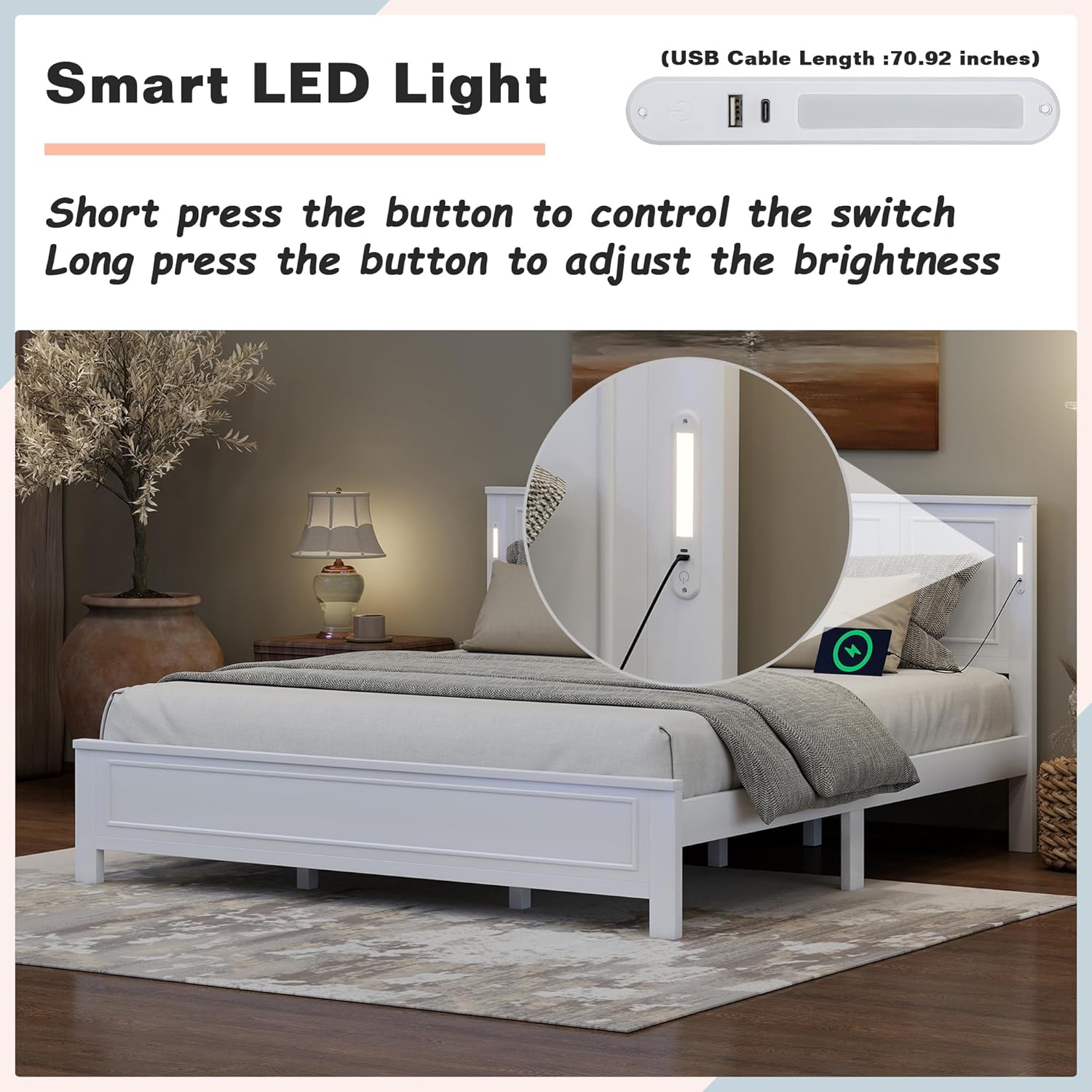 Harper & Bright Designs King Size Platform Bed with Tall Panel Headboard and Footboard, LED Lights & USB Charging Station, Modern Platform Bed for Bedroom/Guest Room, White