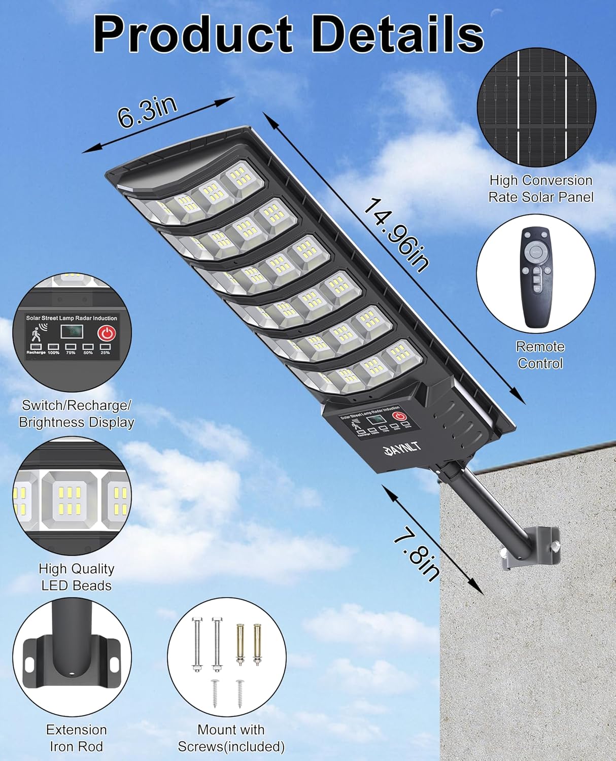 JAYNLT Solar Street Light,Commercial Grade Solar Street Light，Suitable for Parking Lots and garages