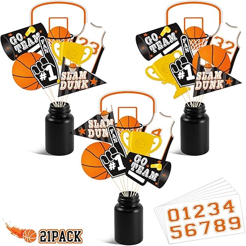 Paquete de 21 decoraciones de fiesta de baloncesto para decoración de mesa, adornos para cupcakes, centros de mesa de fiesta Slam Dunk con palos