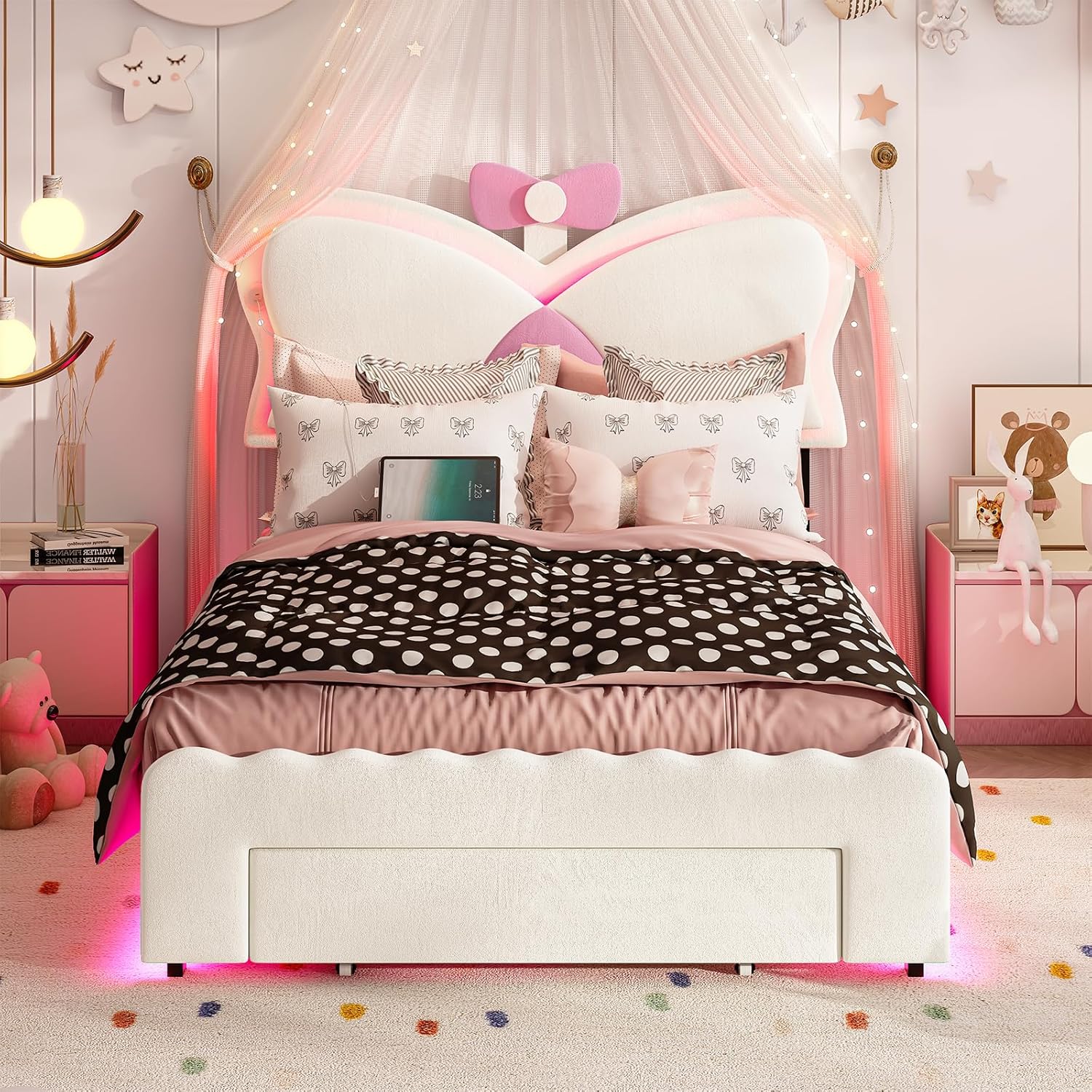 MSmask LED Twin Bed Frame with Storage Drawer and Charging Station, Bow-Tie Bed with Adjustable Double Butterfly Headboard, Upholstered Bed for Girls/Kids, No Box Spring Needed