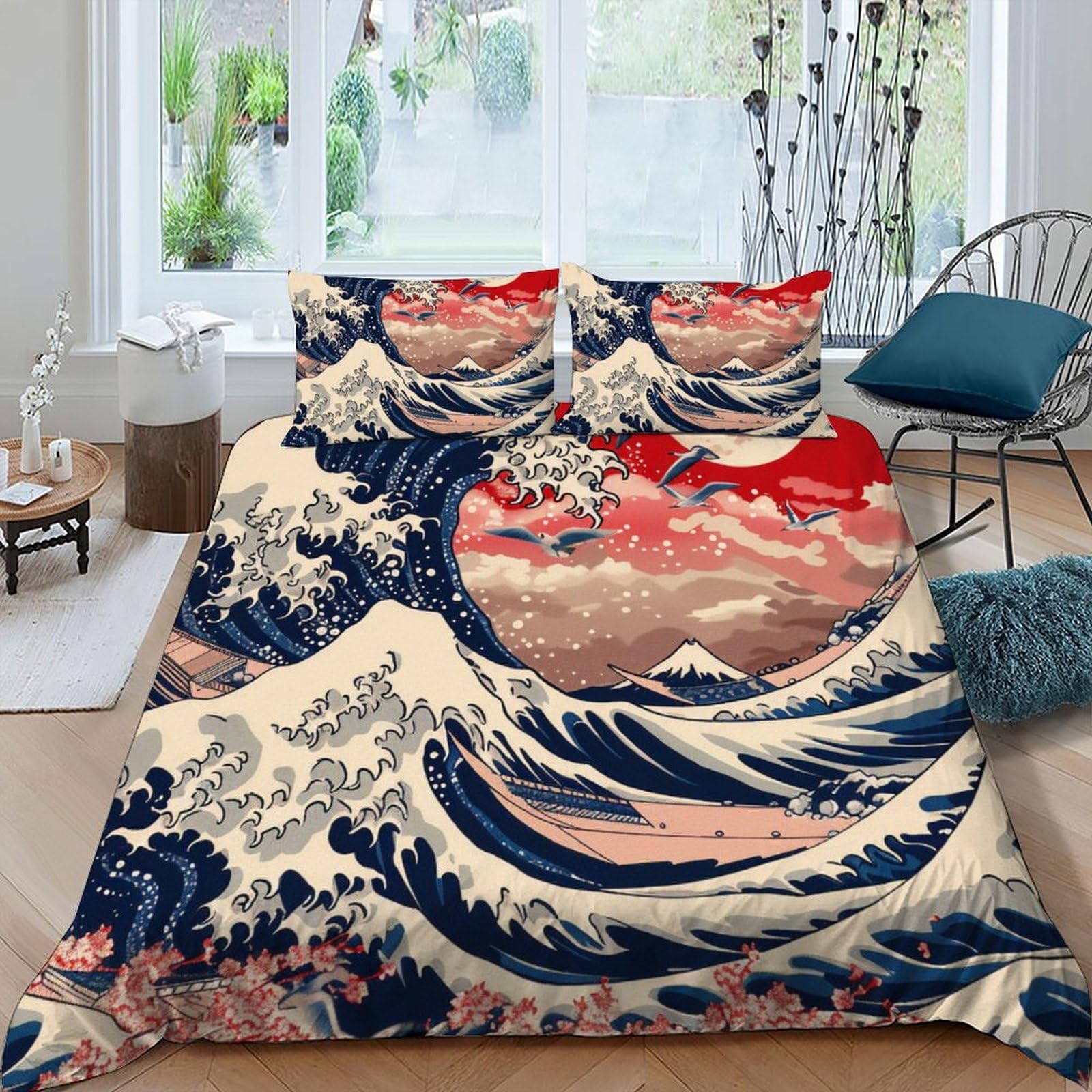 Housse de couette japonais king size 220x240 cm parure de lit 3 pièces microfibre