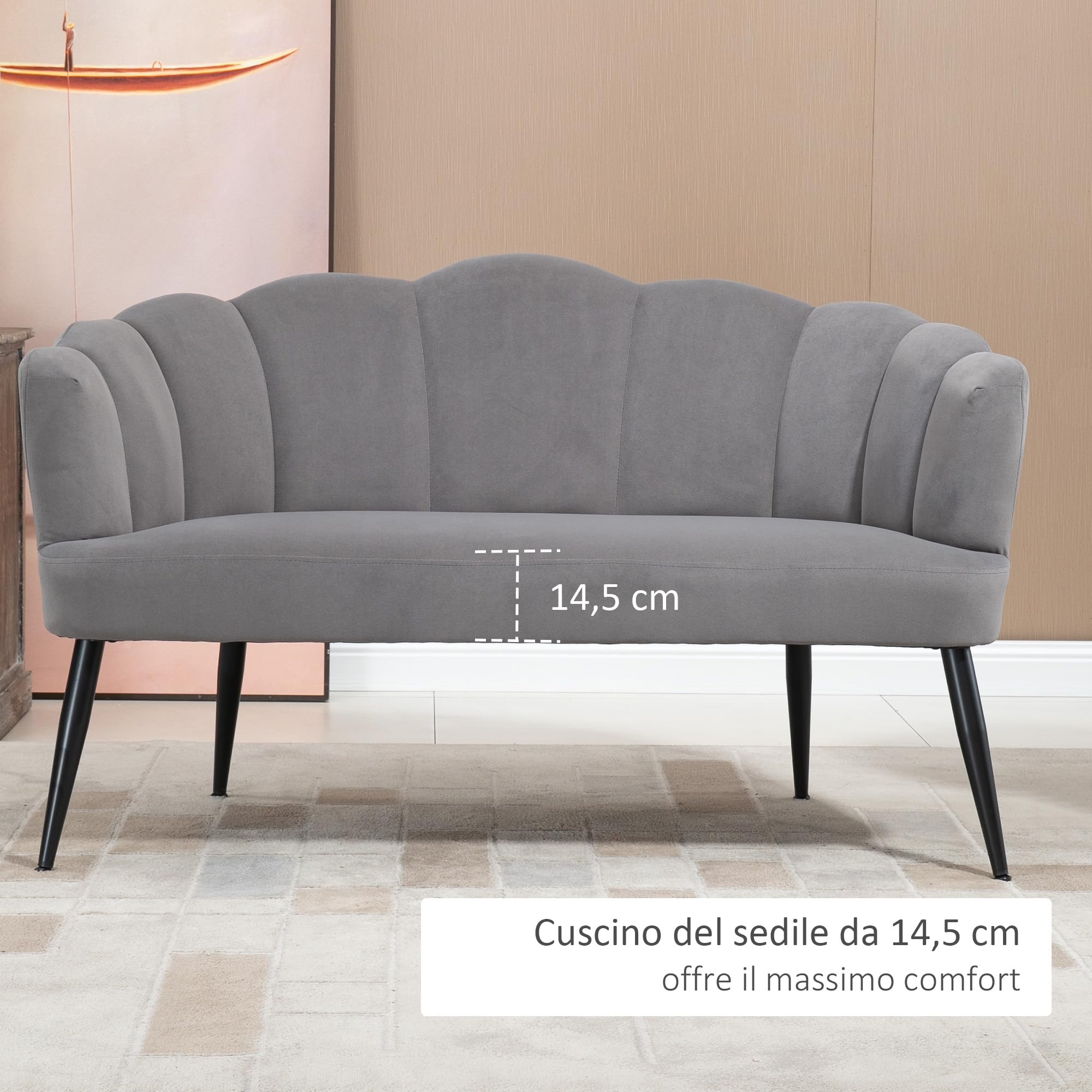 HOMCOM Divano 2 Posti in Velluto, Divano a Conchiglia, Divanetto da Salotto, con Gambe in Metallo, Stile Moderno, Elegante, da Soggiorno, 132x66x80cm, Grigio