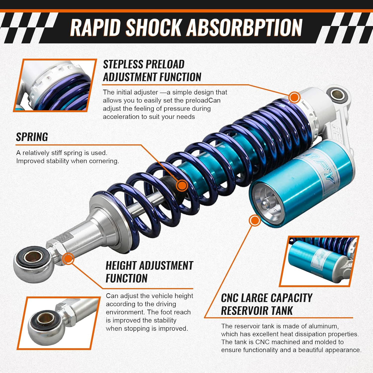 GZYF Pair 340mm Universal Motorcycle Rear Air Shock Absorbers Universal for HONDA, for Yamaha, for Suzuki, for Kawasaki ATV Go Kart Quad Dirt Sport Bikes,Blue and Silver