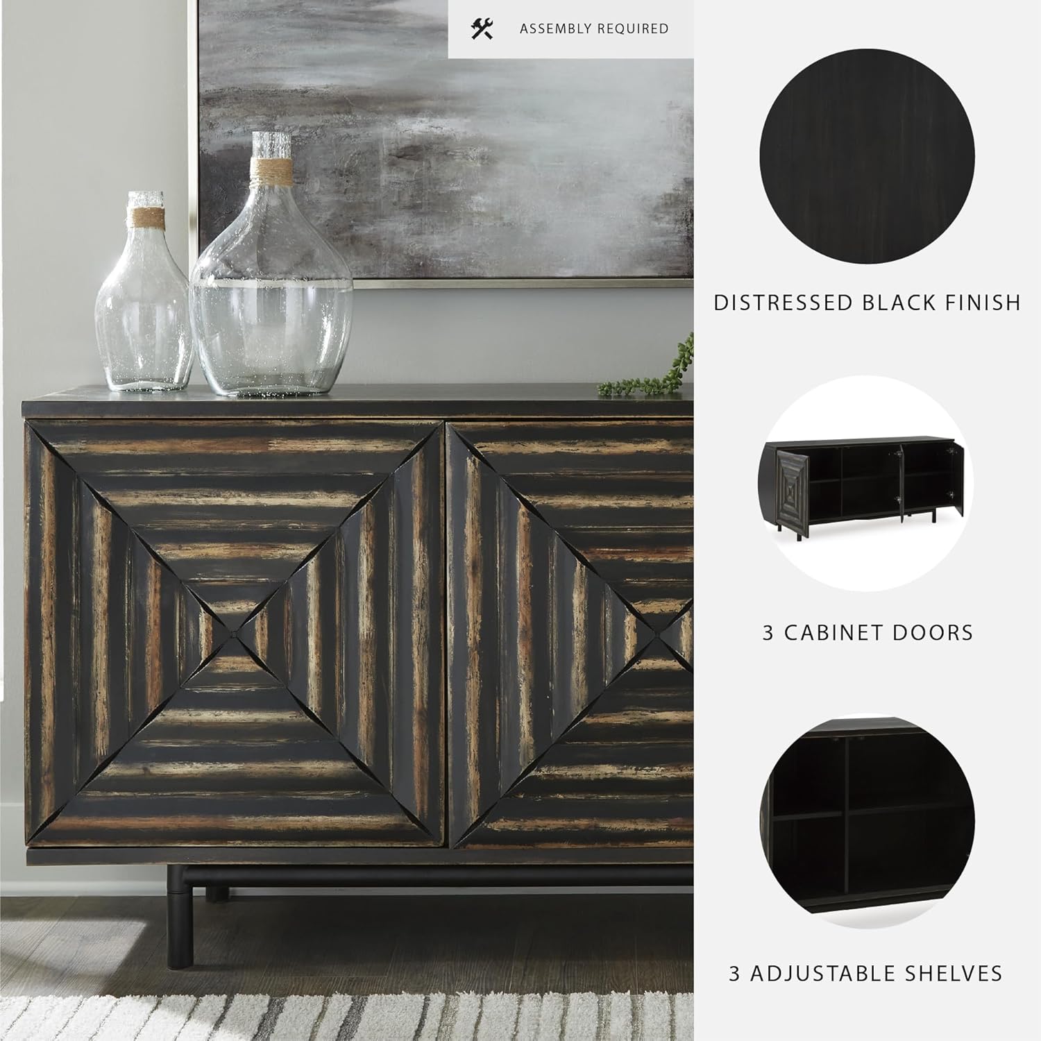 Signature Design by Ashley Fair Ridge Casual Square Patterned 3-Door Distressed Accent Cabinet with 3 Adjustable Shelves, Black & Dark Brown