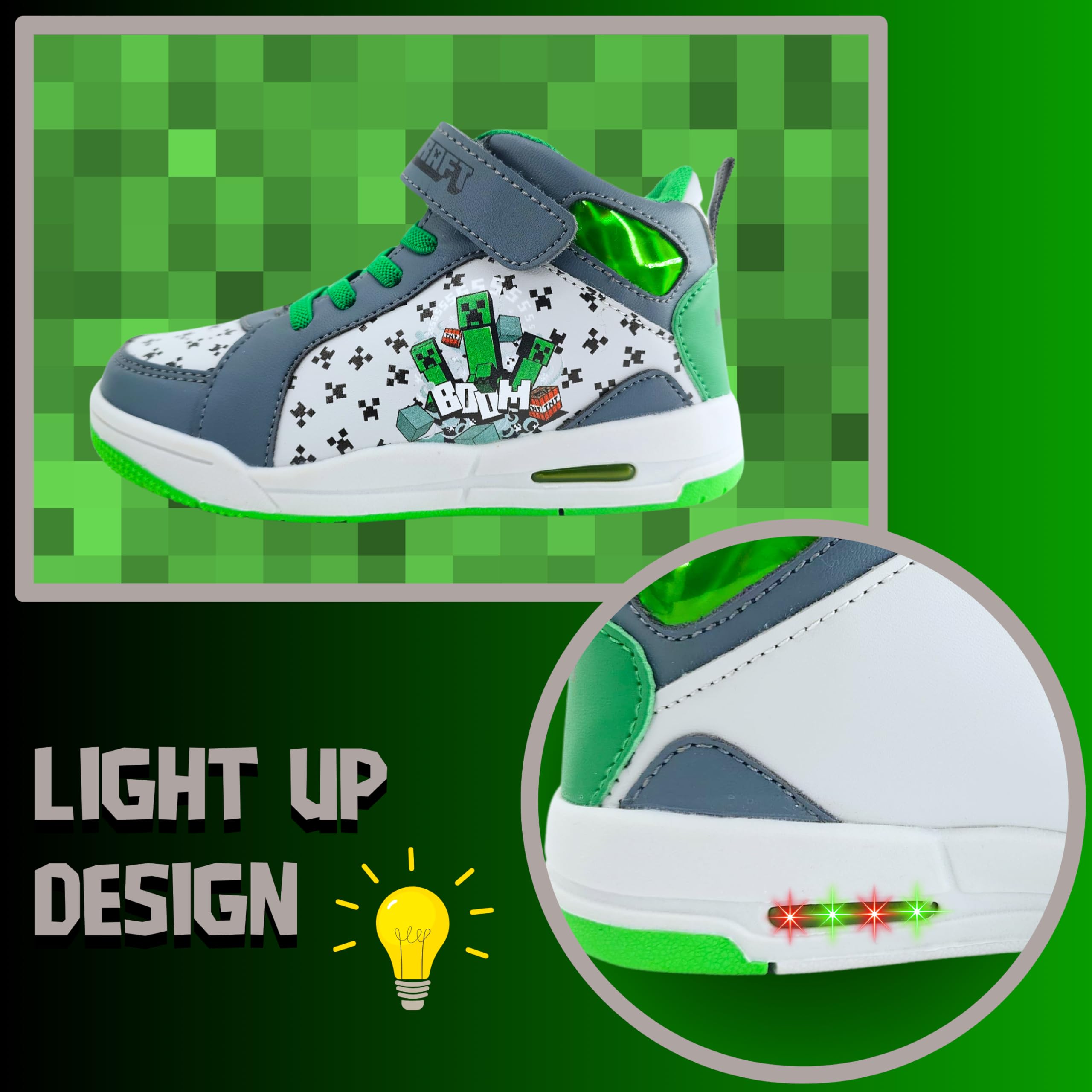 MINECRAFT Scarpe per Ragazzi, Scarpe Sportive, Scarpe da Ginnastica Ragazzo, Disegno Creeper Scarpe Luminose per Bambino, Taglie EU 24 a 32