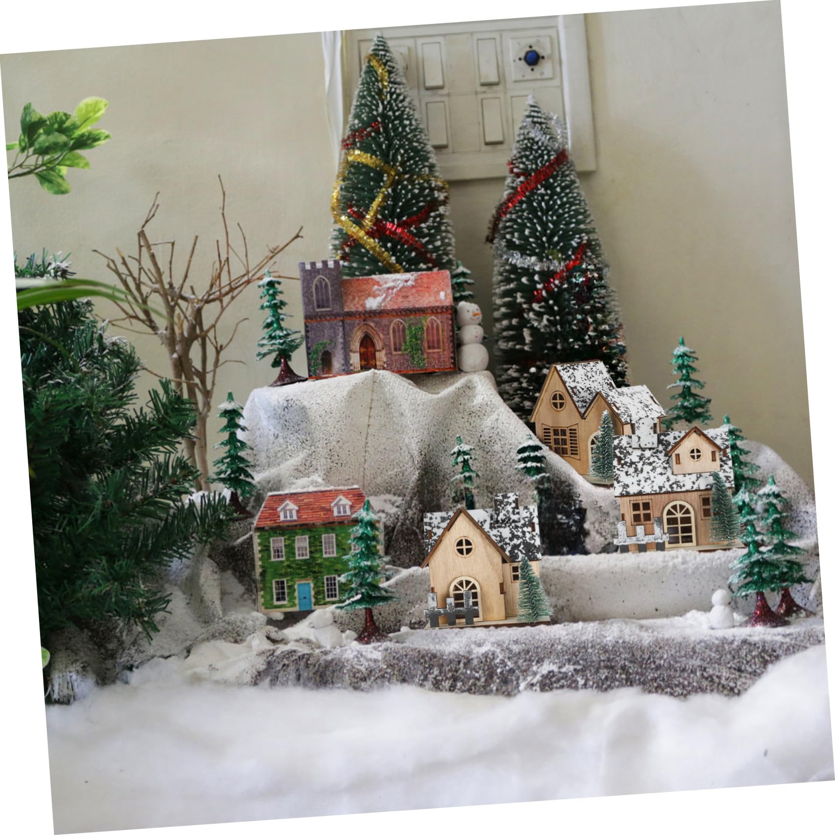 Hemobllo 3 pièces Maisons Miniatures de Noël Bois avec LED Décorations Lumineuses pour Village de Noël Ornements Non pour Centre de Table Festif