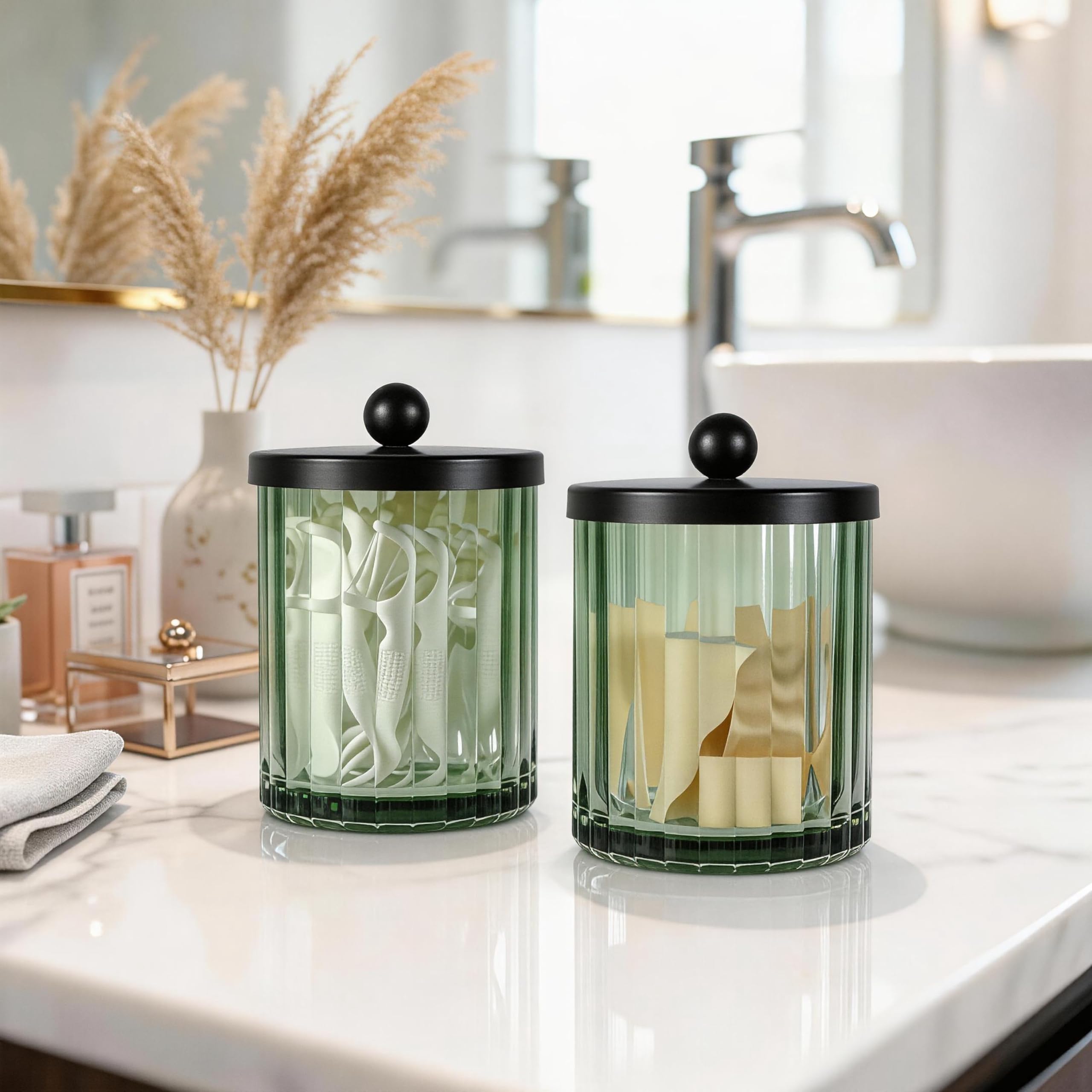 Green Glass Apothecary Jars - Qtip Holder -3 Green Glass Apothecary Jars - Qtip Holder -3