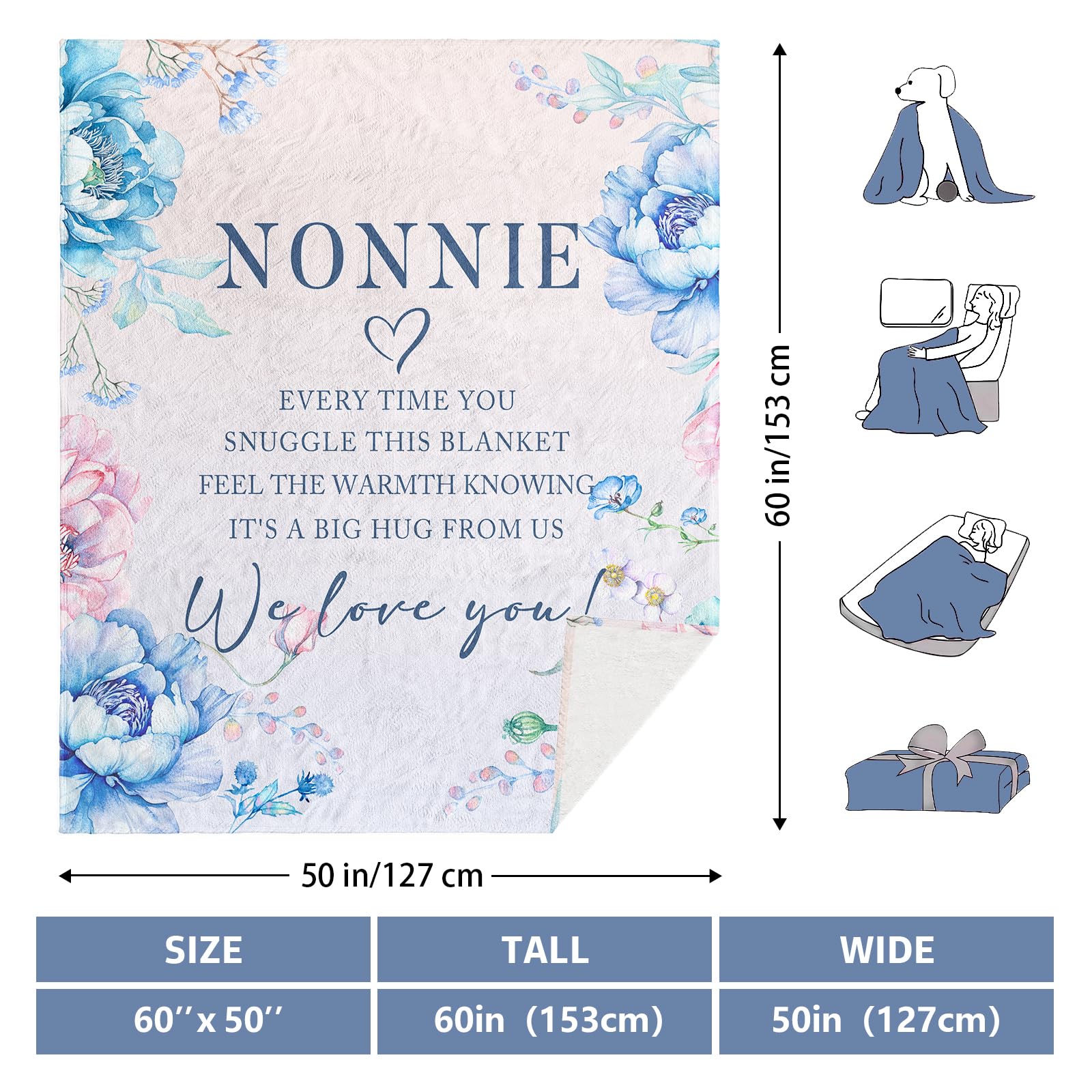 Nonnie Gifts, Birthday Gifts for Nonnie, Nonnie Gifts for Grandma Blanket 60" x 50", Nonnie Gifts for Mothers Day, Nonnie Gifts from Grandchildren, Gifts for Nonnie Christmas