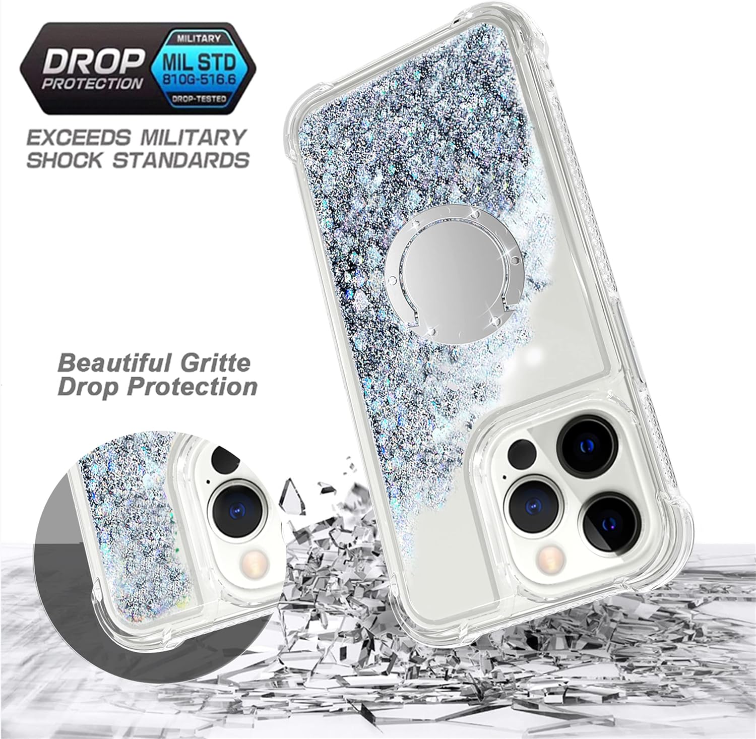 for iPhone 15 Pro Max Case,Bling Moving Liquid Floating Sparkle Colorful Glitter Waterfall TPU Protective Case with Rotation Ring Kickstand 6.7 inch, Silver - Image 5