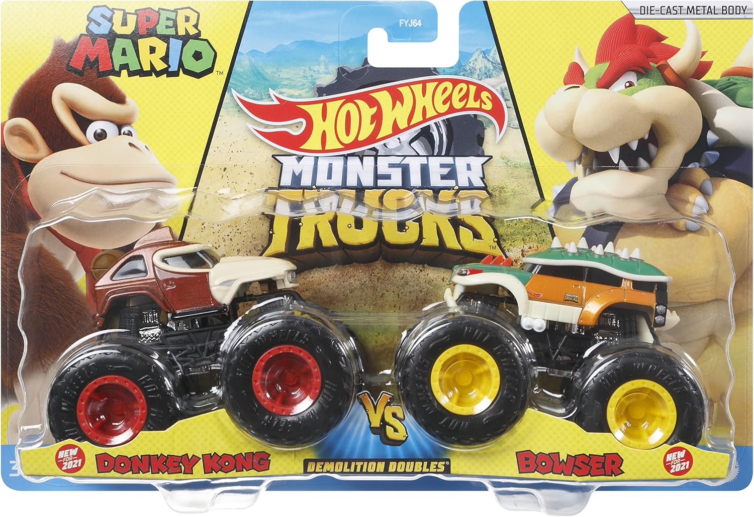 Hot Wheels Monster Trucks Pack 2 Nintendo Toy Cars 1:64 Scale Gift for Kids 3+ Years (Mattel HDH82)