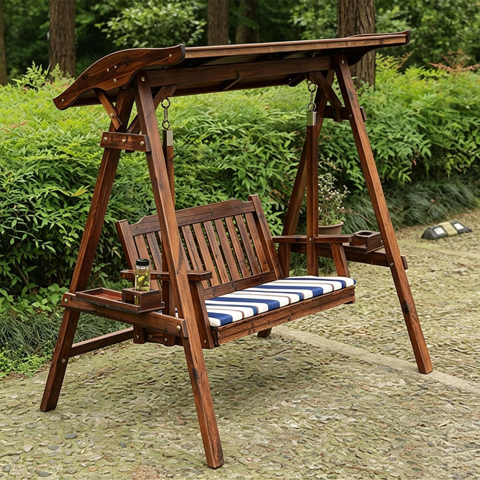 Columpio de Porche con Soporte y toldo, Silla Columpio de Madera