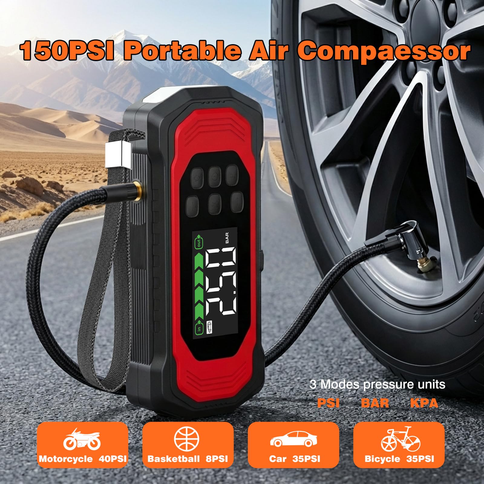 9000A Starthilfe Powerbank mit 150PSI Kompressor, 9-in-1 Booster Auto Starthilfe (alle Benzin und 14L Diesel), 12V Jump Starter mit Elektrische Luftpumpe/Vakuumpumpe, 30W Schnellladung