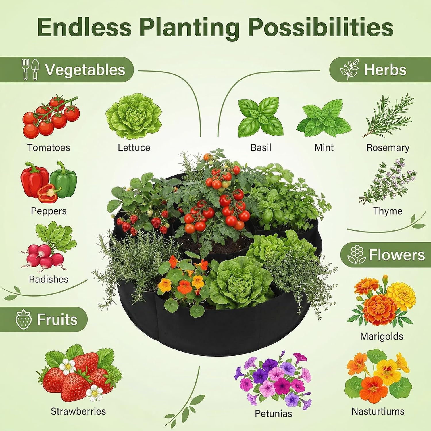 7-Grid Divided Raised Garden Bed, 90 Gallon Large Fabric Grow Bags, 51" Round Nonwoven Planter Pot, Lightweight Aeration Container for Outdoor Vegetables, Strawberry & Herbs