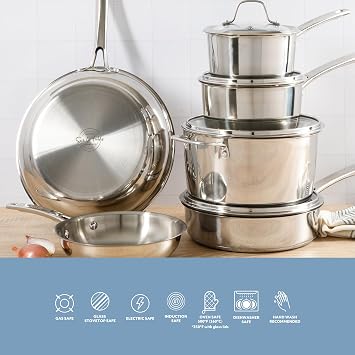 Sur La Table Kitchen Essentials Chef's Deck 10 Piece Stainless Steel Non Toxic Pots and Pans Kitchen Cookware Set w/Triply Encapsulated Base - Induction Safe