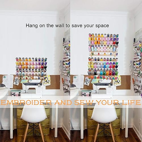 Miniatura 6 de New brothread Estante de madera para carretes de hilo de 2x60Organizador de hilos con ganchos para colgar para hilos de bordado, acolchado y cosido