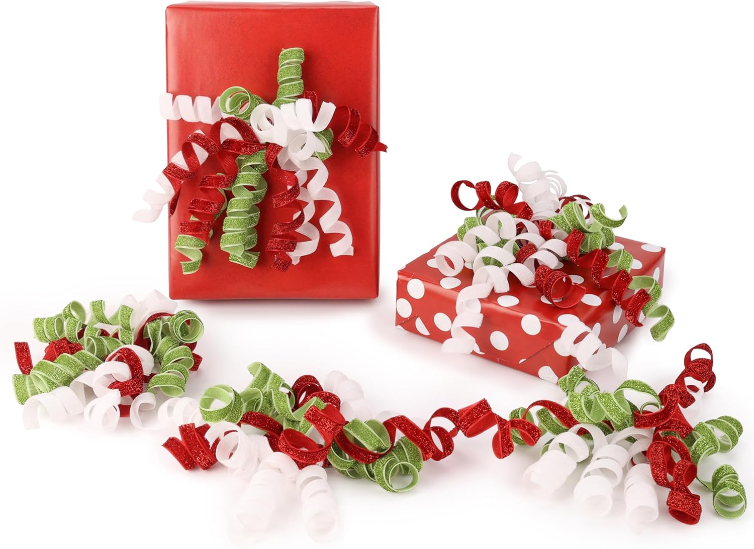 LIZLOVESS 6" Metallic Glitter Red and Lime Green Self Adhesive Curly Ribbon Gift Wrap Bows for Christmas, Holiday, Birthday, Wedding, Presents, Party Favors Decorations 6-Count
