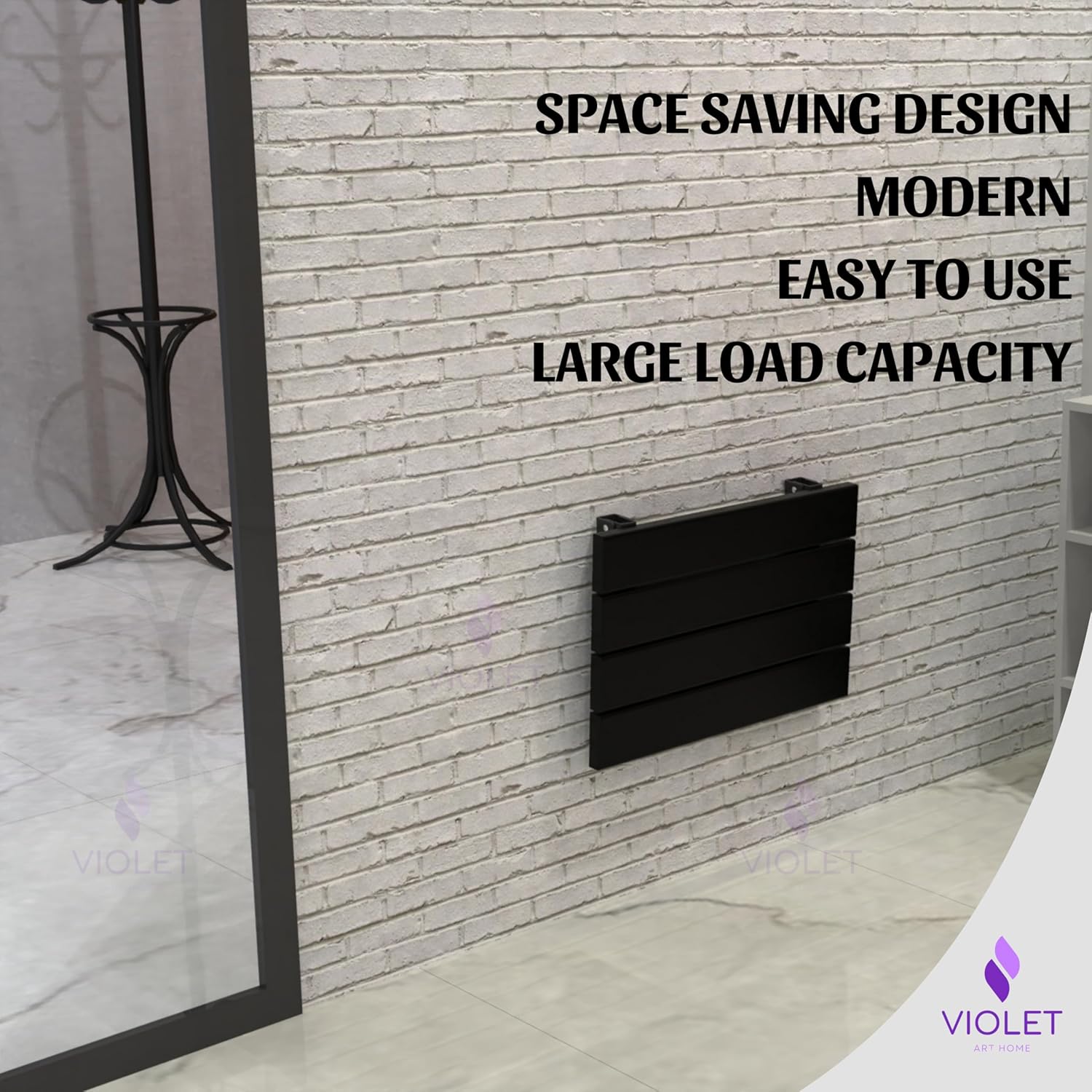 Folding Premium Quality Massive Solid African Teak Iroko Wood Wall Mounted Shower Seat, Handmade Foldable Bench, Wall Mounted Wooden Bathroom Stool, Inside Bath Seat Fold Down (Black, Medium)