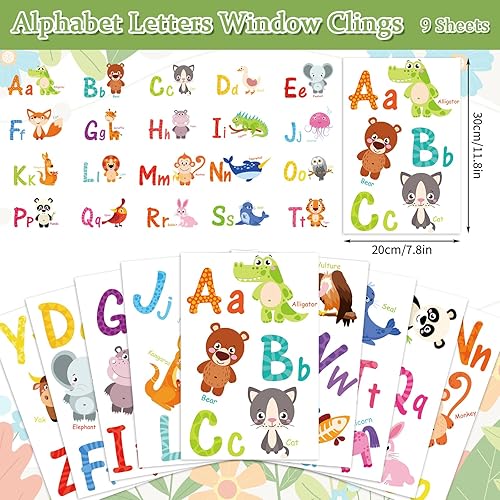 Miniatura 4 de Whaline 9 hojas de letras del alfabeto para ventana, diseño de animales de dibujos animados, ABC, calcomanías de doble cara con letras coloridas