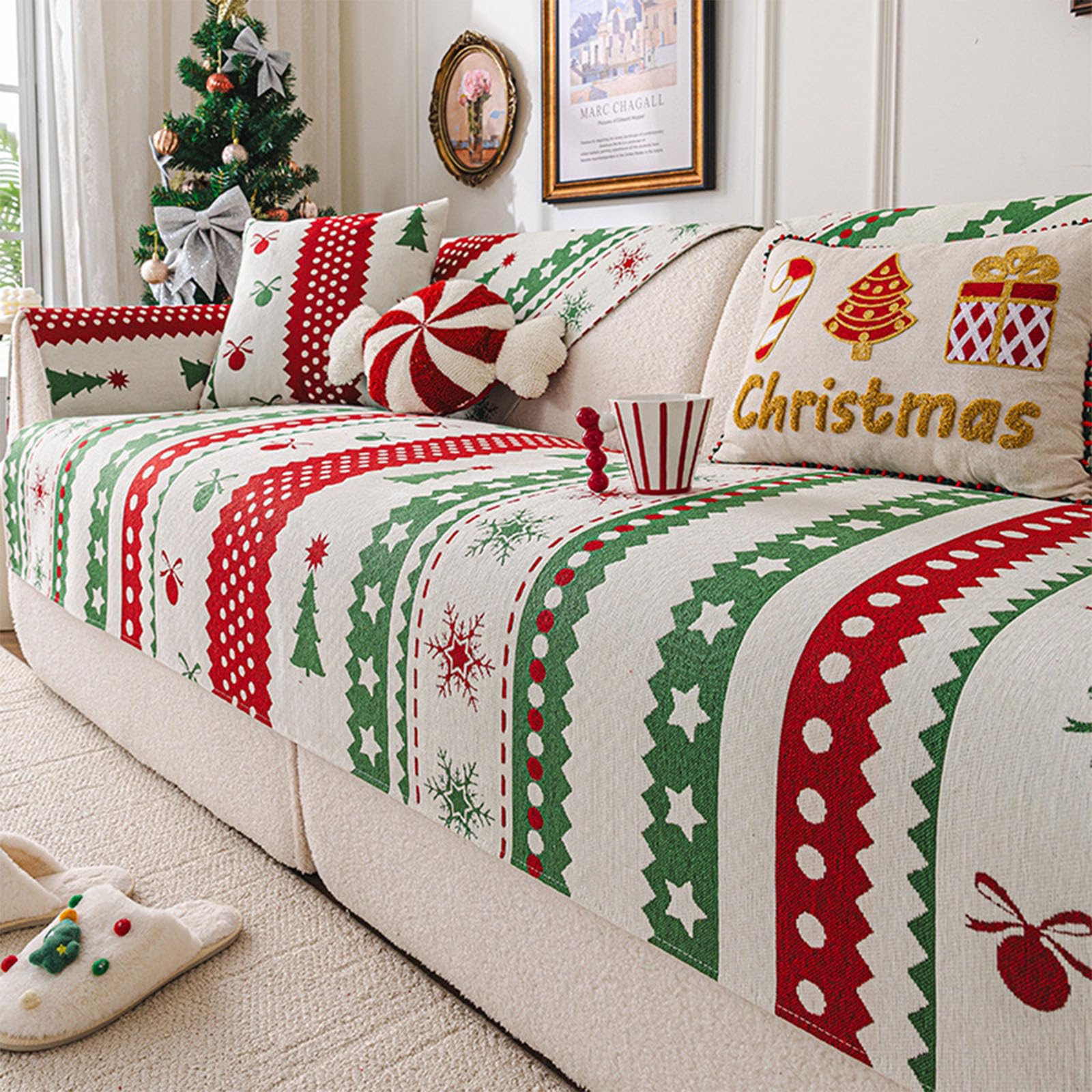 Housse de canapé d'angle velours de coton Noël protectrice contre griffes de chat 90x160cm