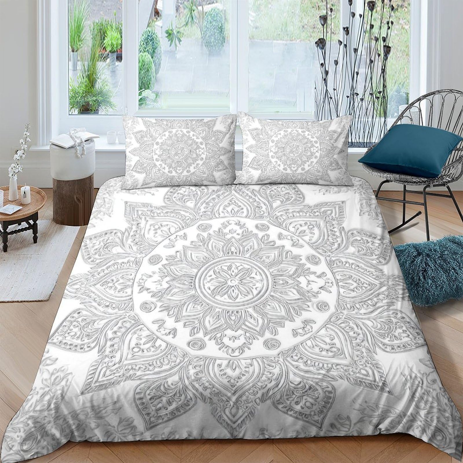 Ctjqhvkz Style-4 3D Printed Mandala Floral Fitted Sheet Microfiber Grey White Boho Ethnic Pattern Bed Cover For Adult Bedroom Dorm Mattress Protection Single（135X200cm）
