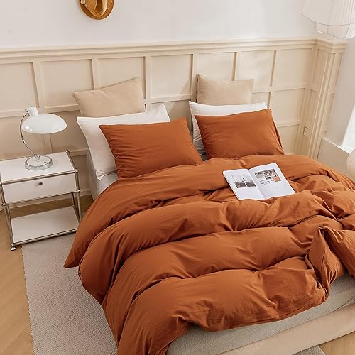 Miniatura 7 de ECOCOTT Juego de funda de edredón color marrón, tamaño California King, 100% algodón lavado, duradero, suave y cómodo, funda de edredón de 3 piezas