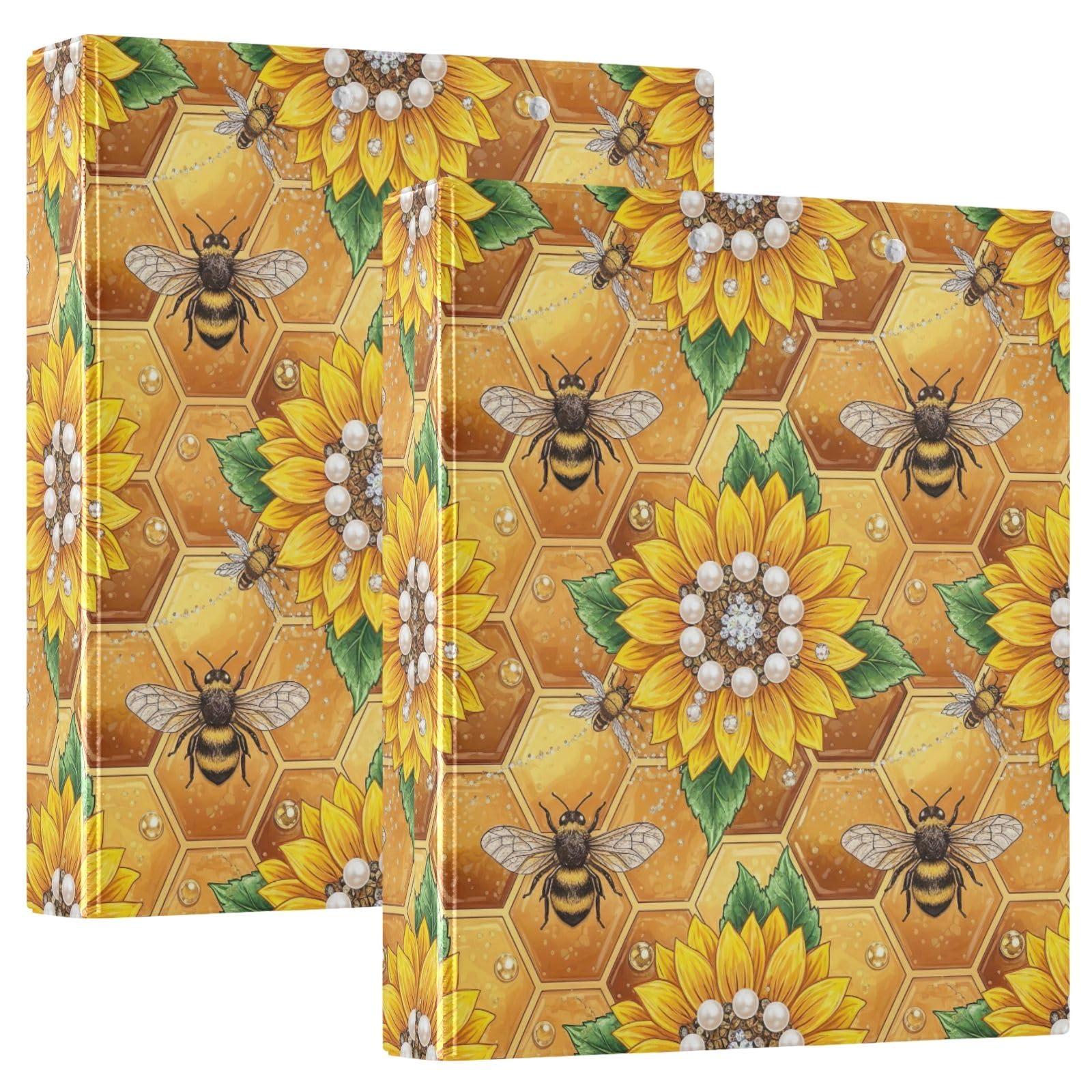 Raccoglitore a 3 anelli, confezione da 2 raccoglitori a D con api, girasoli a nido d'ape, giallo, con tasche, grandi, per scuola, università, ufficio
