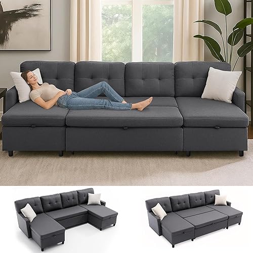 110 Inch Sectional Sleeper Sofa with Pull Out Bed, 2 in 1 Pullout Couch Bed with Double Storage Chaise, Sectional Sleeper Sofa with Side Pocket for Living Room,Grey