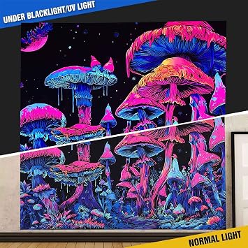 Algasan Blacklight Mushroom Tapestry Glow In The Dark Forest Starry Night Tapestry UV Reactive Magical Fantasy Moon Plant Tapestries Wall Hanging for Bedroom 4735 Inches