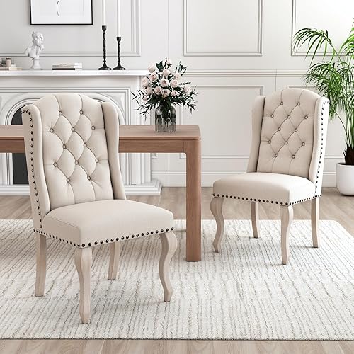chairus Parsons - Juego de 2 sillas de comedor tapizadas estilo rústico francés con ribete de cabeza de clavo y patas de madera curvas, sillas de