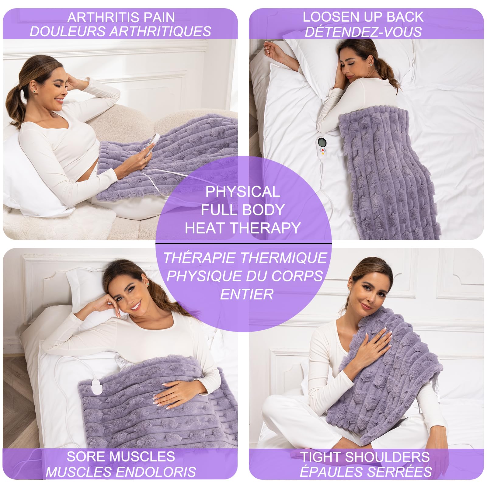 GOBRILLFUN Smart Control Heating Pad con telecomando e blocco bambini, lussuoso tappetino riscaldante elettrico per schiena, gambe, ginocchia, 6 livelli e 5 impostazioni timer, 40x80 cm (viola)