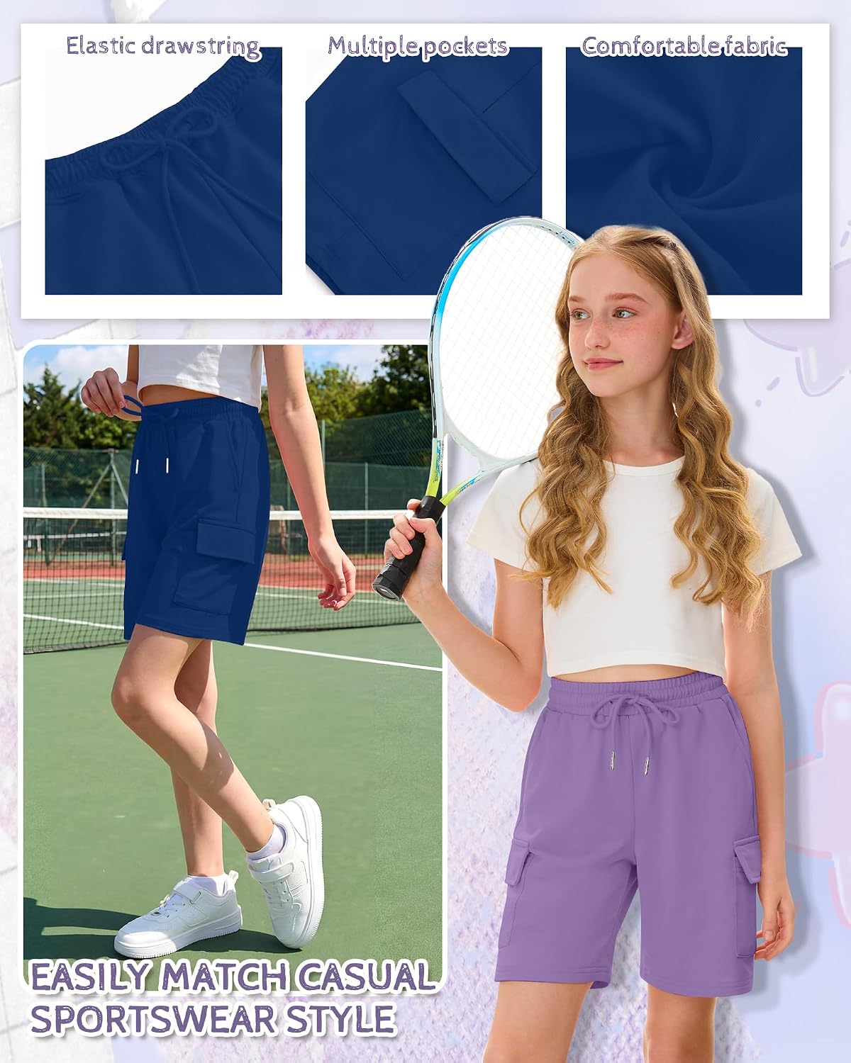 3 Pack Girls' Cargo Bermuda Shorts Elastic Drawstring Long Shorts Loose Casual Yoga SweatShorts with 4 Pockets